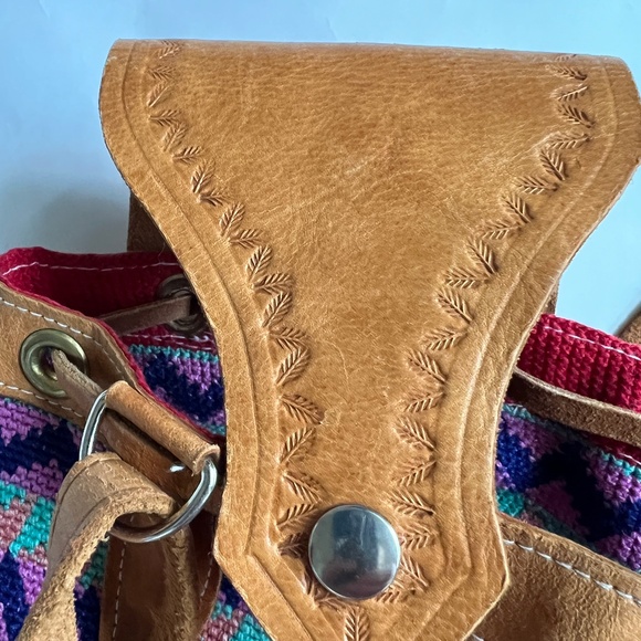 Boho Guatemala Bucket Bag DRAWSTRING Shoulder Tote Leather Woven Pink Red Hippie - Picture 8 of 12